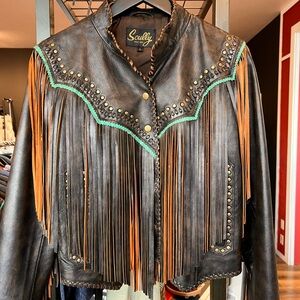 Scully Black Leather Fringe Jacket with Brown Fringe and Green Trim
